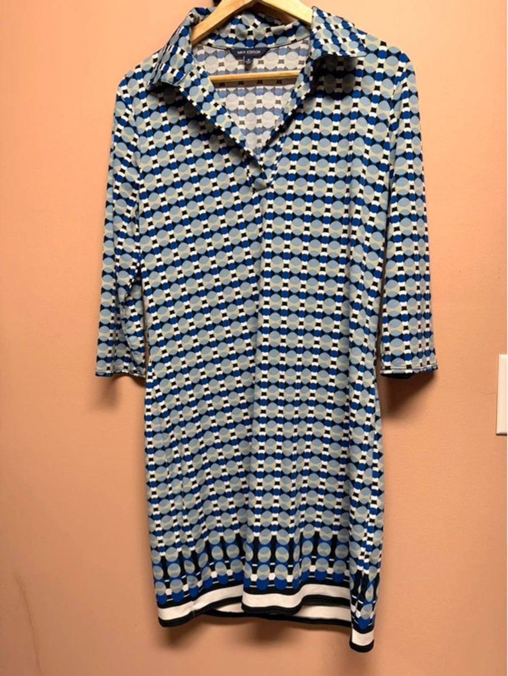 Max Edition Blue Geometric Print Henley Collar Shift Dress
